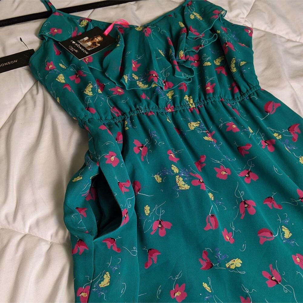 NWT Romantic Floral Maxi Dress Teal | Cottagecore Boho Sundress Pockets Slit - Picture 4 of 15